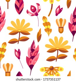 Autumn seamless pattern with flowers, mushrooms and leaves in decorative flat style. Background for textile, wallpapers, gift paper. Vector season illustration on white.