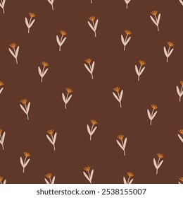 Autumn seamless pattern with flowers on brown background. Perfect for seasonal greetings, wallpaper, wrapping paper, fabric. Vector illustration