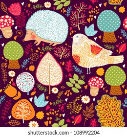 Autumn seamless pattern with flowers, trees, leaves and crew cut