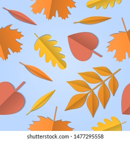 Autumn seamless pattern with foliage, leaves, fall, paper cut out art, vector illustration, abstract background.