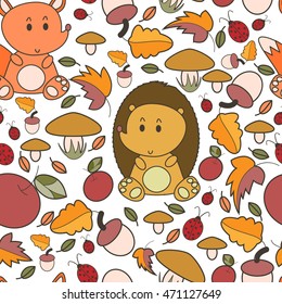 Autumn seamless pattern with forest animals. Use for wallpaper, pattern fills, fabrics, ornamental template for design and decoration.