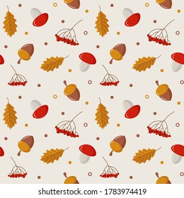 Autumn seamless pattern. Forest background. Mushrooms, viburnum, acorns and autumn leaves. Vector illustration. Repeating texture. Design textile, paper, wallpaper, cloth.