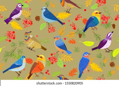 autumn seamless pattern with forest birds for your design