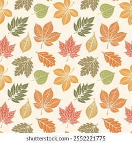 Autumn seamless pattern of forest leaves on light background. Seasonal background, design for packaging, wallpaper. Illustration