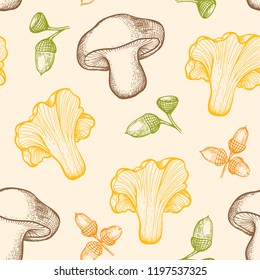 Autumn seamless pattern with forest mushrooms and acorns. Hand drawn vector background in vintage style.