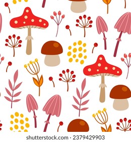 Autumn seamless pattern with forest mushrooms and falling leaves on a white background. Decorative vector background.