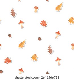 Padrão contínuo de outono com cogumelos florestais, folhas de bordo e carvalho e bolotas. Objetos de desenho animado com formas de corte de papel. Cor amarela, laranja, vermelha, marrom no fundo branco. Design vetorial para têxteis.