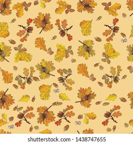 Autumn seamless pattern in the form of orange, yellow, red oak leaves and acorns, on a light yellow background for wrapping paper, fabric, wallpaper.