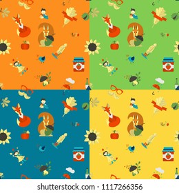 Autumn Seamless Pattern. Four Background in Different Colors. Vector