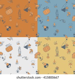 Autumn Seamless Pattern. Four Background in Different Colors. Vector