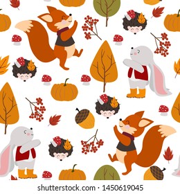 autumn seamless pattern with fox bunny and hedgehog - vector illustration, eps