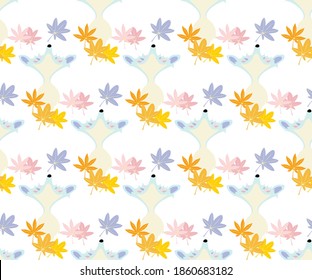 Autumn Seamless Pattern with Fox Heads and Falling Leaves. White Foxes and Maple Leaf Print. Hand Drawn Vector Illustration on White Background.