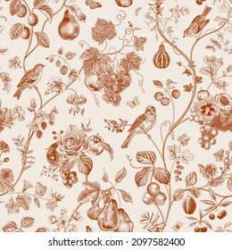 Autumn seamless pattern. Fruit and flowers.Vector vintage illustration. Red and white 