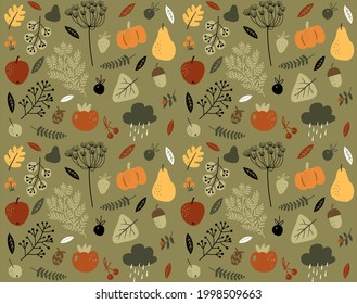 Autumn seamless pattern with fruits and vegetables