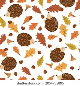 Autumn seamless pattern. Funny hedgehogs with oak leaves, acorns and mushrooms.