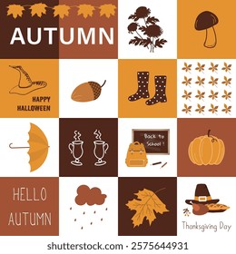 Autumn Seamless Pattern. Geometric Print with Fall Elements. Square Background. Autumn Leaves, Umbrella, Halloween, Chrysantemum, Pumpkin, Acorn, Thanksgiving, Coffee. Vector in Yellow, Brown, White