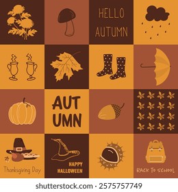 Autumn Seamless Pattern. Geometric Print with Fall Elements. Square Background. Banner. Autumn Leaves, Umbrella, Halloween, Chrysantemum, Pumpkin, Acorn, Thanksgiving, Coffee. Vector in Yellow, Brown