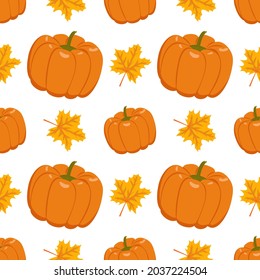 Autumn seamless pattern with ginger pumpkins and maple leaves. Print for Halloween, Thanksgiving, textile and design