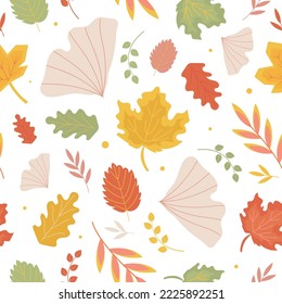 Autumn seamless Pattern with ginko, oak and maple leaves. Perfect for wallpaper, gift paper, pattern fills, web page background, autumn greeting cards. Vector background isolated on white