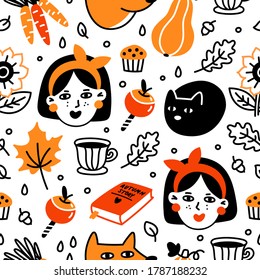 Autumn seamless pattern with girls, cat, fox, desserts, plants, cup af tea and book. It can be used for packaging, wrapping paper, textile, home decor etc. 
