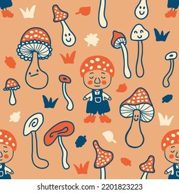 Autumn seamless pattern with gnomes and agaric mushrooms. Perfect childish print for tee, textile, paper and fabric. Hand drawn vector illustration for decor and design.

