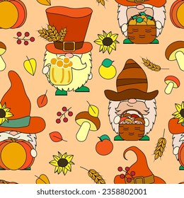 Autumn seamless pattern with gnomes, pumpkins, sunflowers, mushrooms, apples, autumn leaves. Harvest time and autumn nature. Cute repeating design for fabric, paper, textile print.