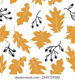 Autumn seamless pattern with gold oak and maple leaves, berry twigs. Fall seasonal repeat pattern textile design, wallpaper, background, vector illustration.