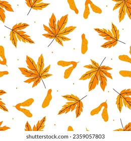 Autumn seamless pattern with golden maple leaves and seeds on a white background. Vector graphics.