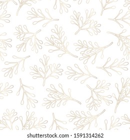 Autumn seamless pattern with golden sprigs on white background. Vector illustration for fabric, textile, wallpaper, posters, paper. Print for children. Branch with leaves. Doodle style. 