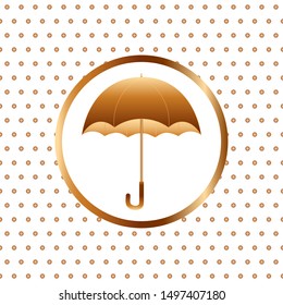 Autumn seamless pattern with golden umbrella and white circles on polka dot background. Print for children. Template design for invitation, poster, card, flyer, banner.