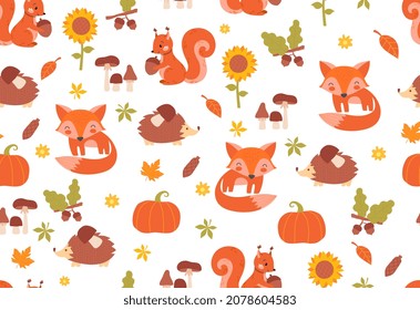 Autumn seamless pattern. Graphic elements for printing on fabric. Beautiful patterns. Fox, foliage, hedgehog, squirrel, mushrooms, pumpkin. Stickers for kids. Cartoon flat vector illustration