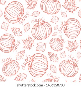 Autumn seamless pattern. Graphic pumpkins and leaves. Thanksgiving and Halloween background.