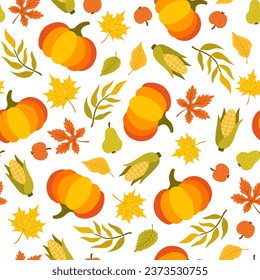 Autumn seamless pattern. Graphic pumpkins and leaves. Thanksgiving and Halloween background.