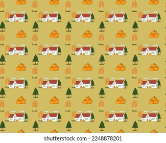 Autumn seamless pattern with grass, two types of trees, farm house and halloween pumpkins vector