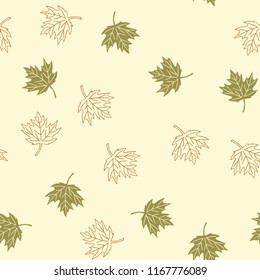 Autumn seamless pattern with green and brown maple leaves on beige background, vector illustration