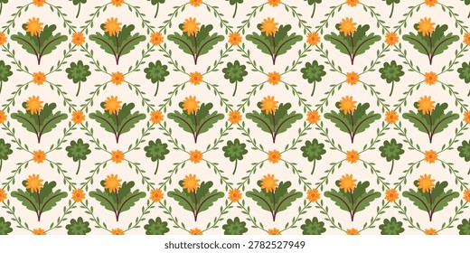 Autumn seamless pattern with green leafy vines, small orange flowers, red berry accents and repeating botanical wreath motifs on a light cream background in warm rustic seasonal colors and folk style.