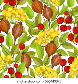 Autumn seamless pattern with green leaves, red berries and poppy boxes
