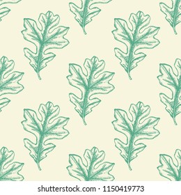 Autumn seamless pattern with green oak leaves. Hand drawn seasonal vector background in vintage style.