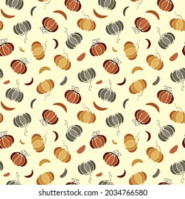 Patrón ininterrumpido de otoño con calabazas verdes y naranjas. Diseño vectorial plano para envoltura, textil, decoración festiva. DIY, etc.