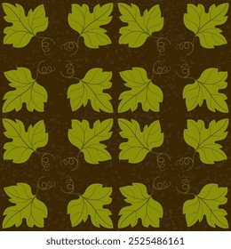 Autumn seamless pattern of green pumpkin leaves. Holiday floral ornament of leaves on dark brown background. Autumnal plant vector illustration. Fall seasonal pattern. Decor for Thanksgiving Day