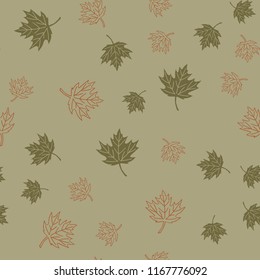 Autumn seamless pattern with green and red maple leaves on olive background, vector illustration