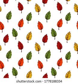 Autumn seamless pattern with green, red, yellow and orange leaves isolated on white background. Hand drawn colored sketch vector illustration. Vintage line art