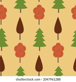 Autumn seamless pattern, green red trees forest, vector illustration for textile and wrapping paper