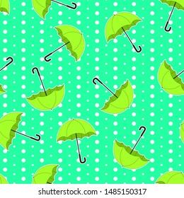 Autumn seamless pattern with green umbrellas and white circles on polka dot background. Print for children.Template design for invitation, poster, card, flyer, banner.