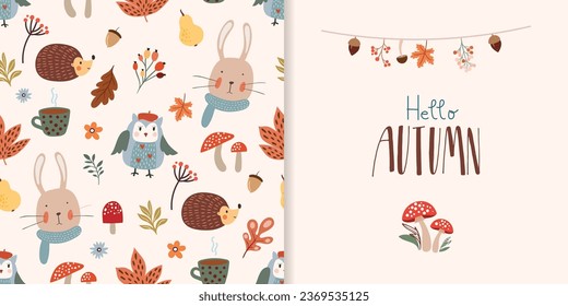 Autumn seamless pattern and greeting card with cute animals, kids wallpaper, background, seasonal design