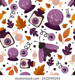 Autumn seamless pattern of halloween  elements moth, bottle with poison, leaves, magic ball. Great for harvest festival cards, invitations, banner, textile - vector design, cartoon style illustration