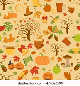 Autumn seamless pattern. Halloween and Thanksgiving day. Flat design. Vector illustration