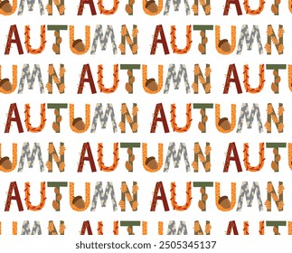 Autumn seamless pattern with hand drawing lettering. Decorative vector design in flat style