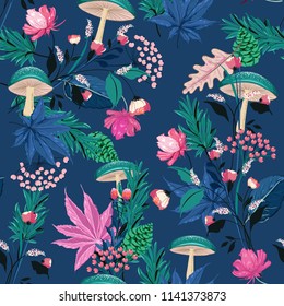 Autumn seamless pattern with hand drawn leaf,mushroom,flowers,pine nuts, oak in the forest ,Colorful motives vector for fashion fabric and all prints on dark blue 