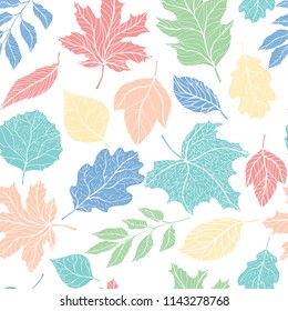 Autumn seamless pattern. Hand drawn fall leaves - vector illustration in pastel colors